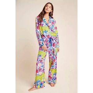 Anthropologie Cheetah Print Floral Flannel Pajama Set Agathe Singer